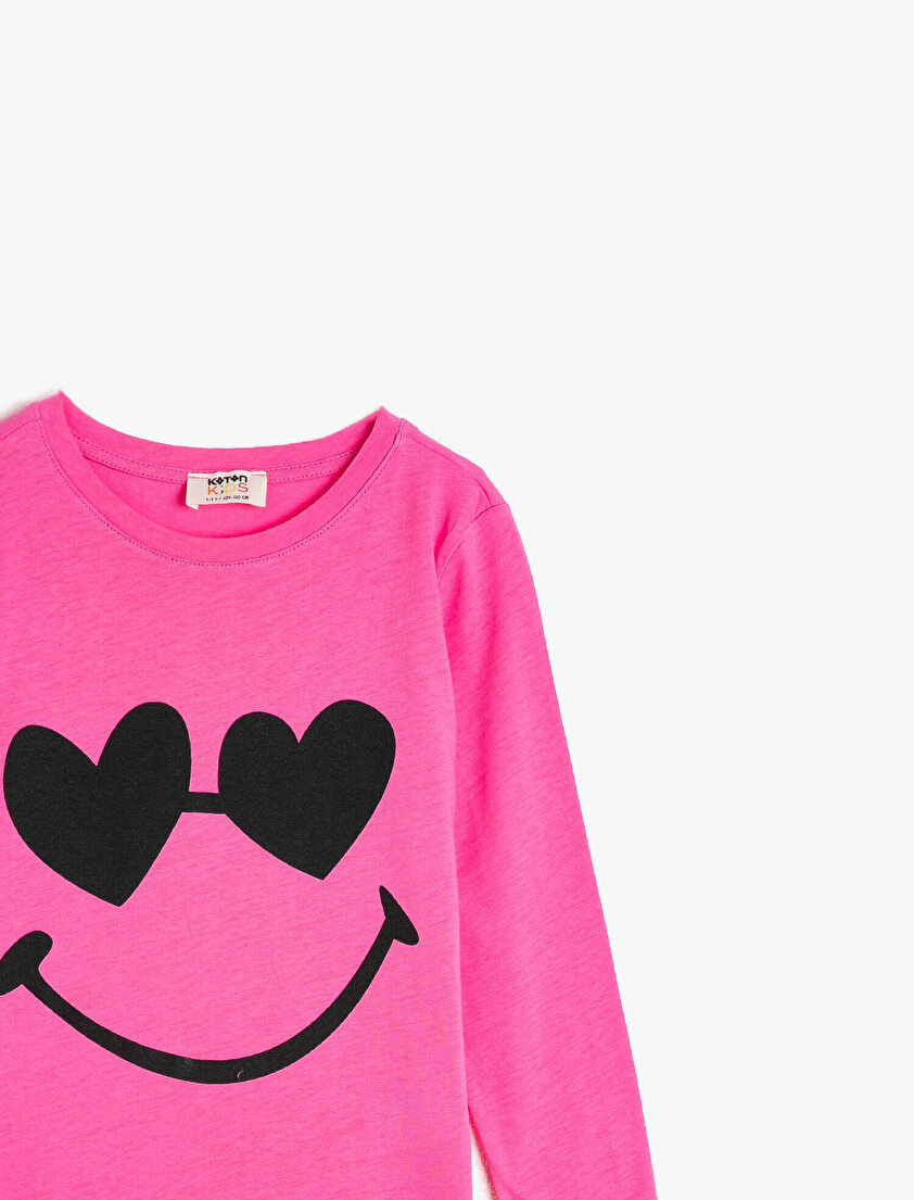 %100 Pamuk Bisiklet Yaka Uzun Kollu Baskılı Tişört