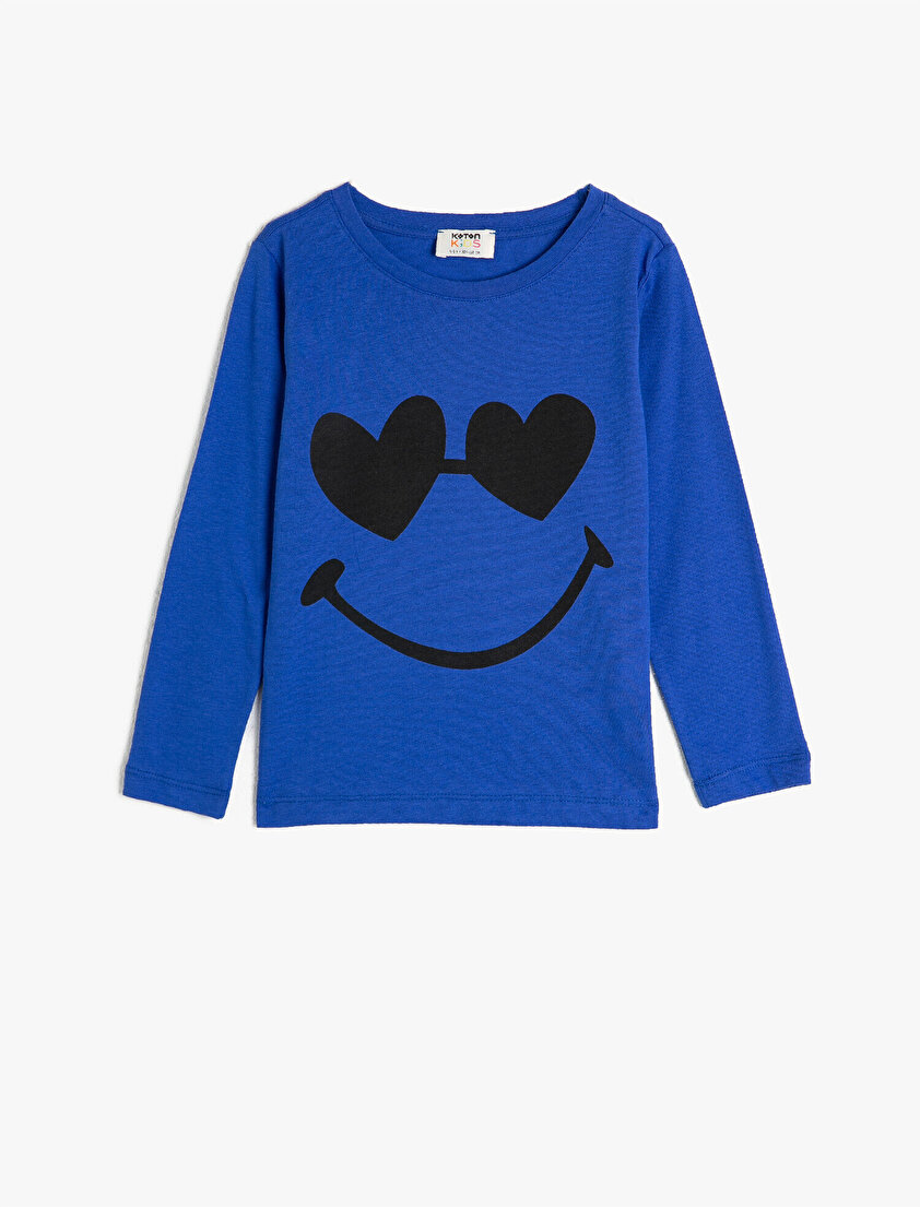 %100 Pamuk Bisiklet Yaka Uzun Kollu Baskılı Tişört