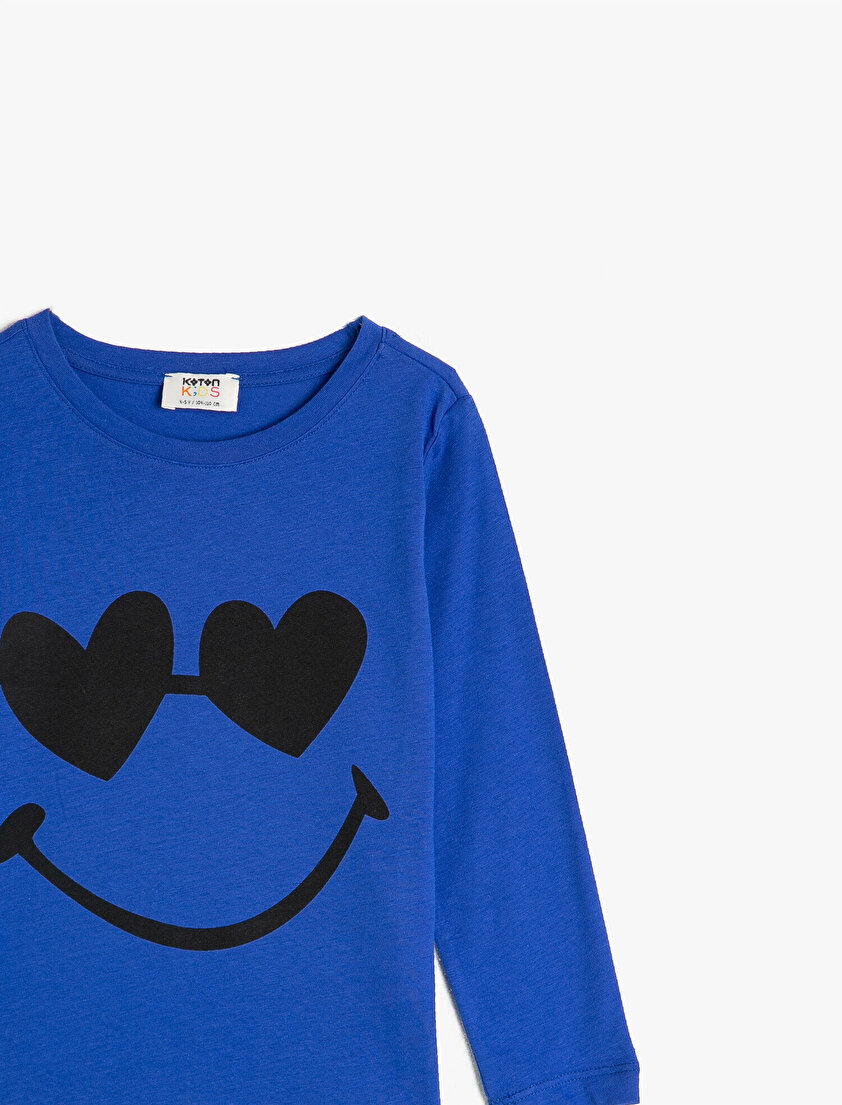 %100 Pamuk Bisiklet Yaka Uzun Kollu Baskılı Tişört