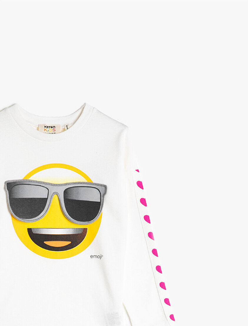 %100 Pamuk Bisiklet Yaka Uzun Kollu Emoji Baskılı Tişört