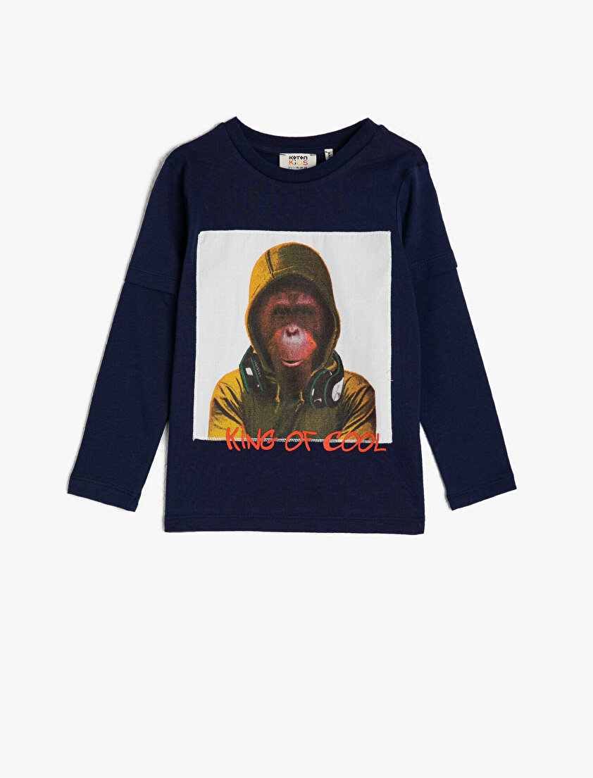 %100 Pamuk Bisiklet Yaka Uzun Kollu Baskılı Tişört