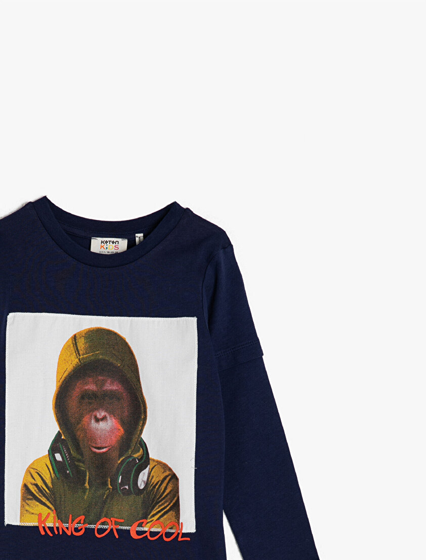 %100 Pamuk Bisiklet Yaka Uzun Kollu Baskılı Tişört