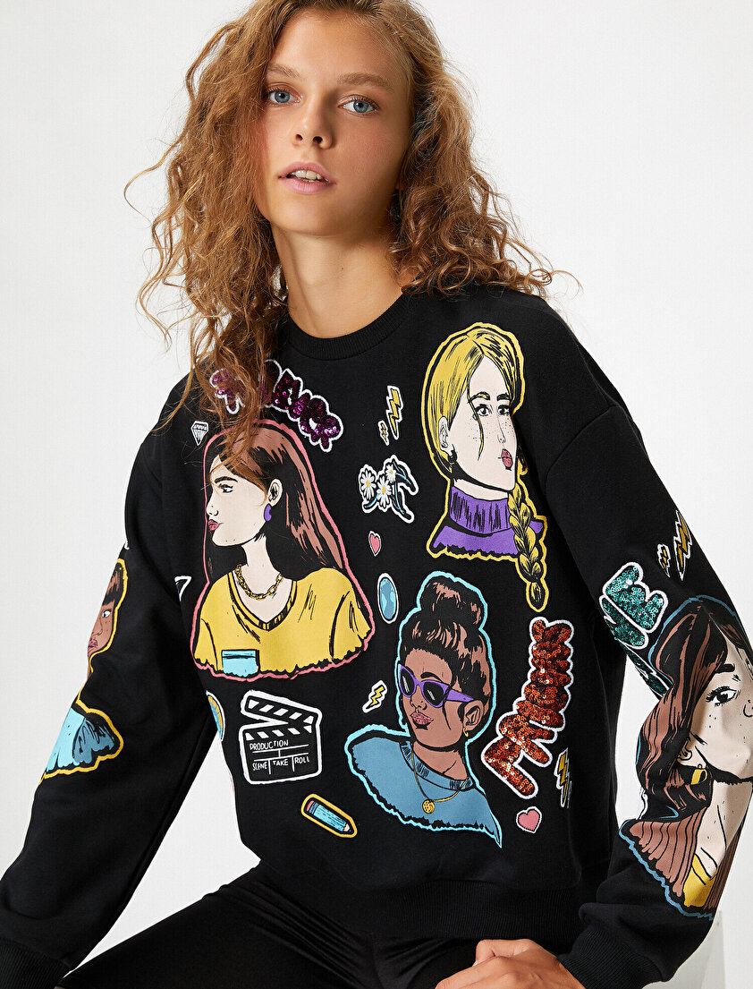 Bisiklet Yaka Baskılı Sweatshirt