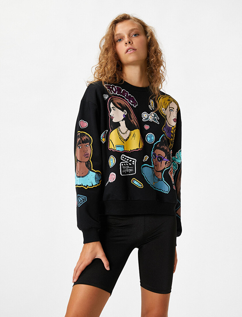 Bisiklet Yaka Baskılı Sweatshirt