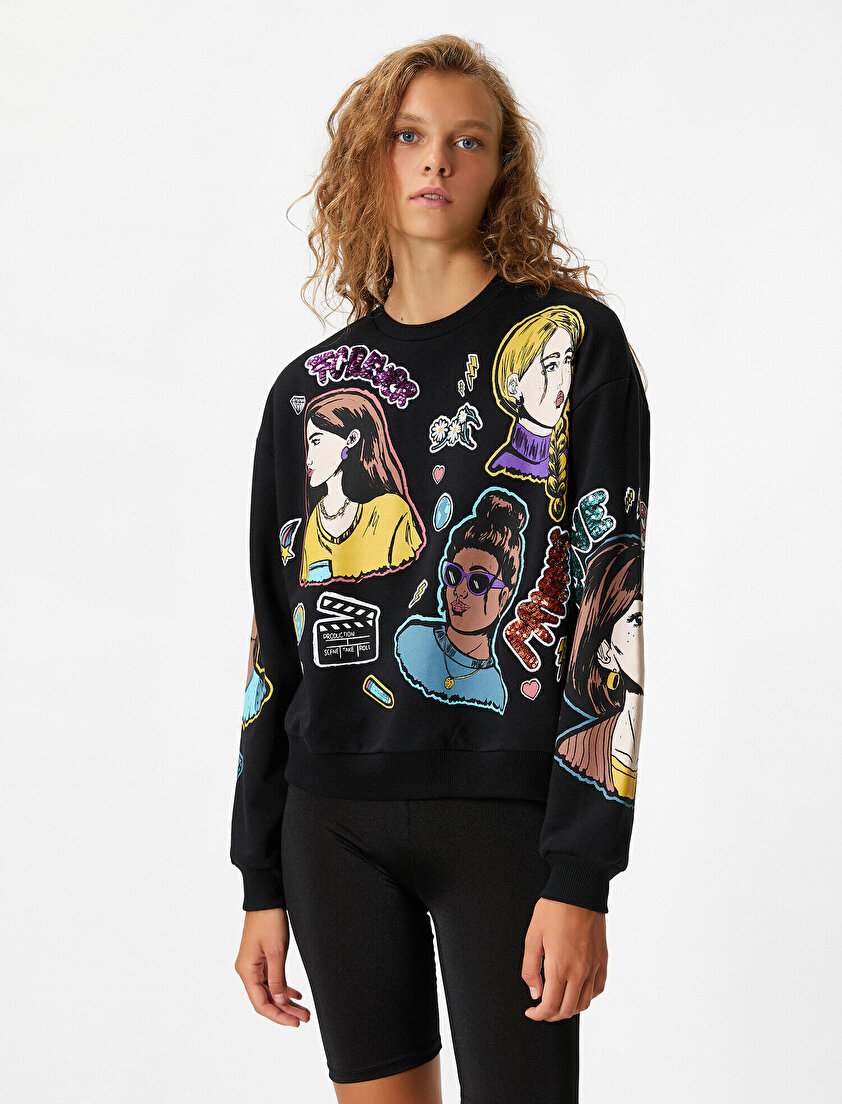 Bisiklet Yaka Baskılı Sweatshirt