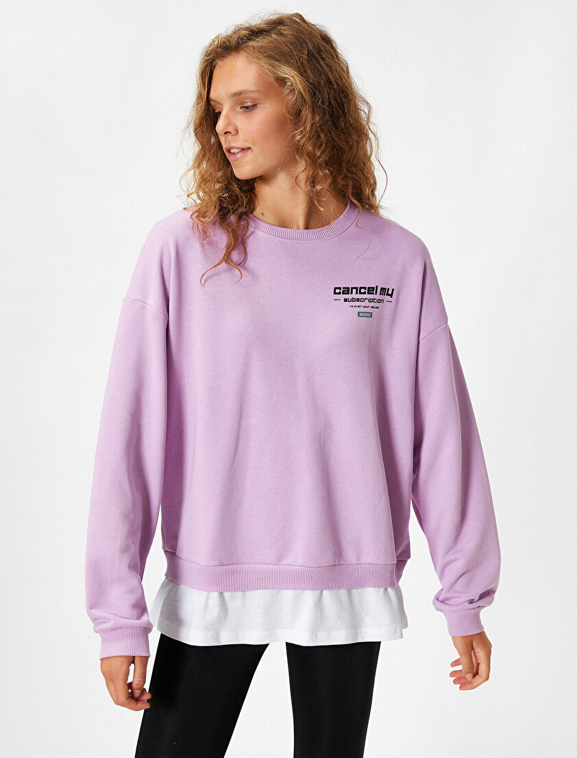 Bisiklet Yaka Baskılı Parça Detaylı Sweatshirt