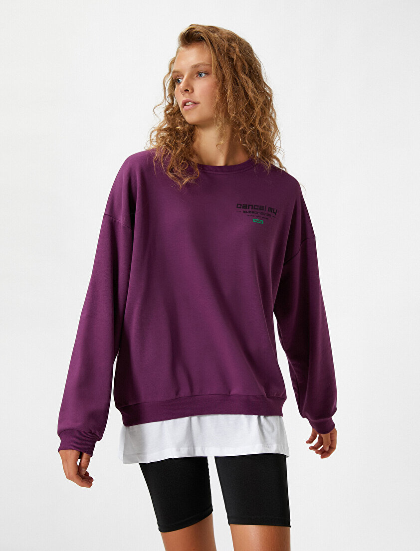 Bisiklet Yaka Baskılı Parça Detaylı Sweatshirt