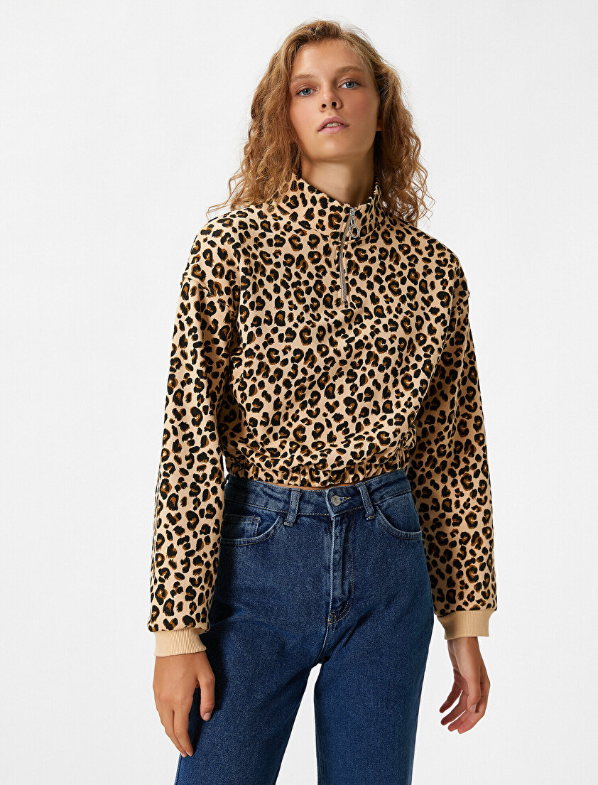 Leopar Desenli Fermuarlı Crop Sweatshirt