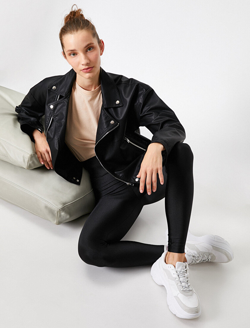 Parlak Disco Yüksek Bel Toparlayıcı Örme Tayt