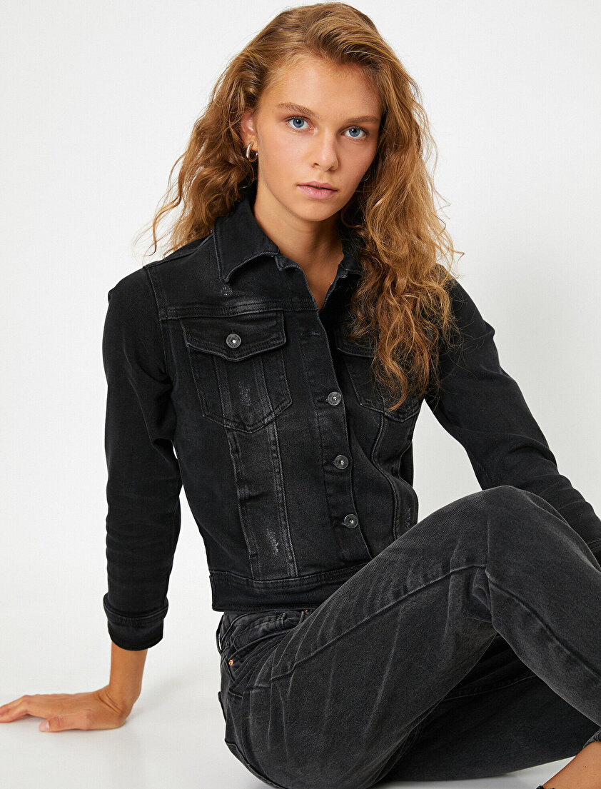 Cepli Düğmeli Slim Fit Crop Jean Ceket