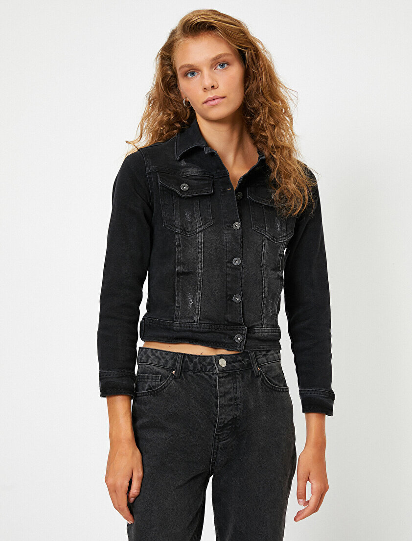 Cepli Düğmeli Slim Fit Crop Jean Ceket