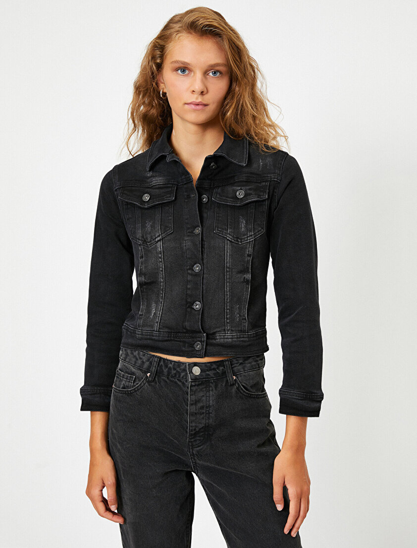 Cepli Düğmeli Slim Fit Crop Jean Ceket