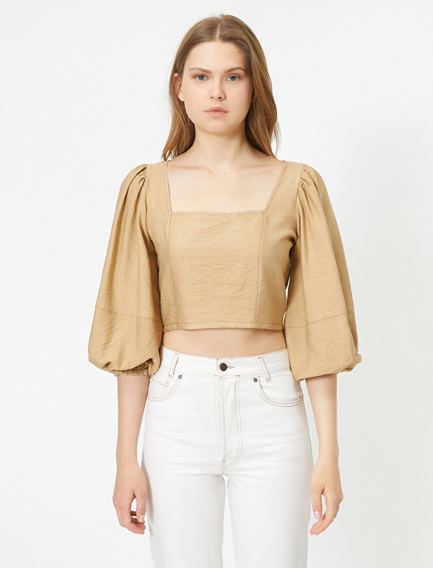 Kare Yaka Balon Kollu Bluz