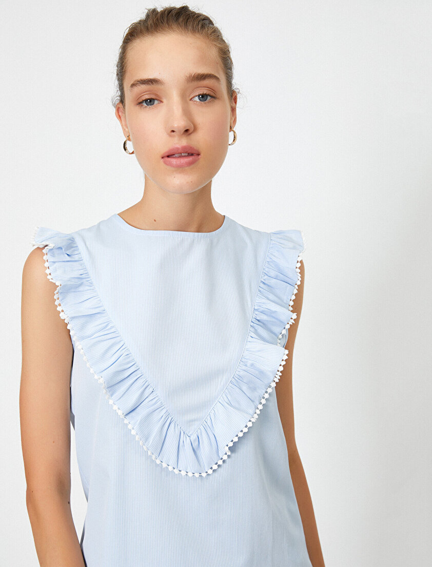 Bisiklet Yaka Çizgili Fırfırlı Kolsuz Bluz