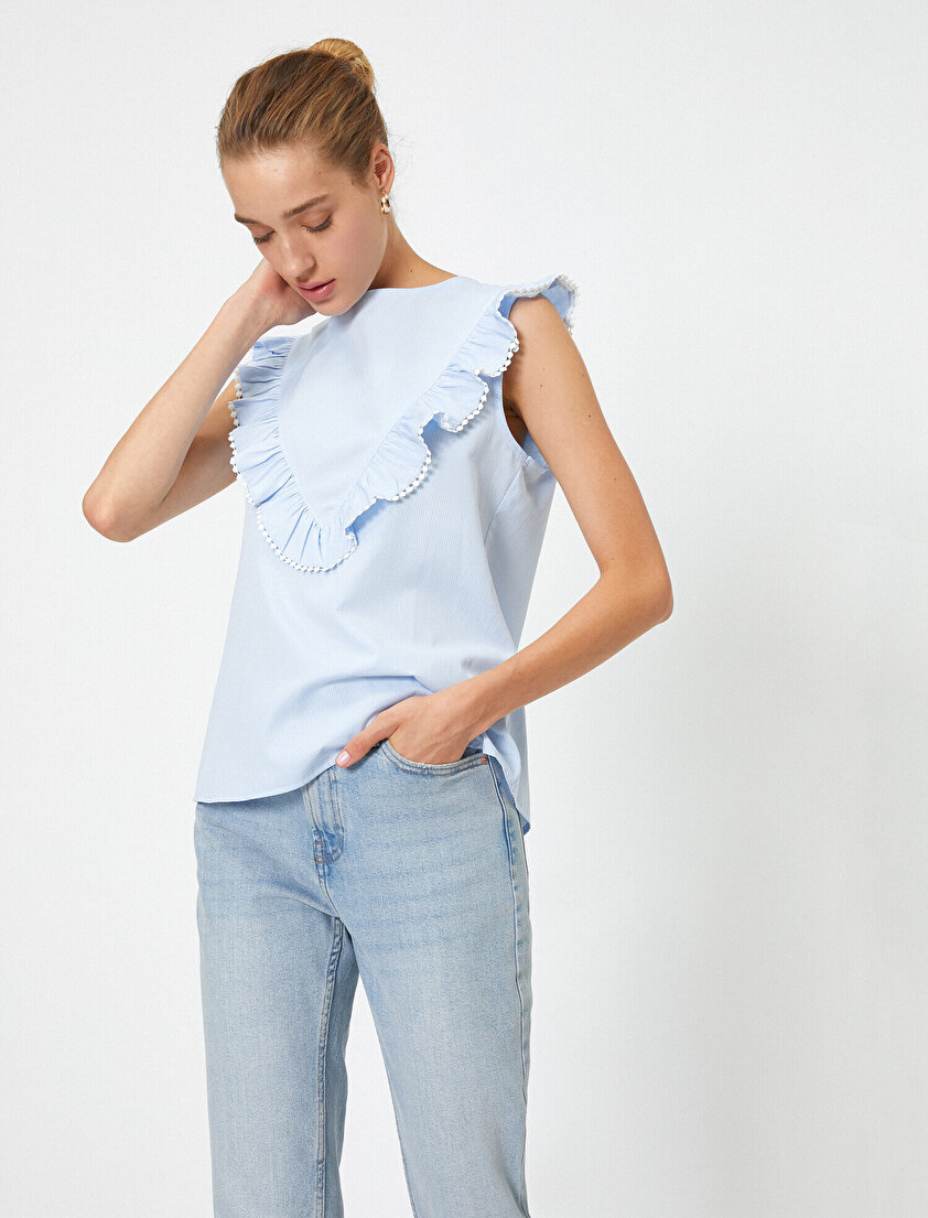 Bisiklet Yaka Çizgili Fırfırlı Kolsuz Bluz