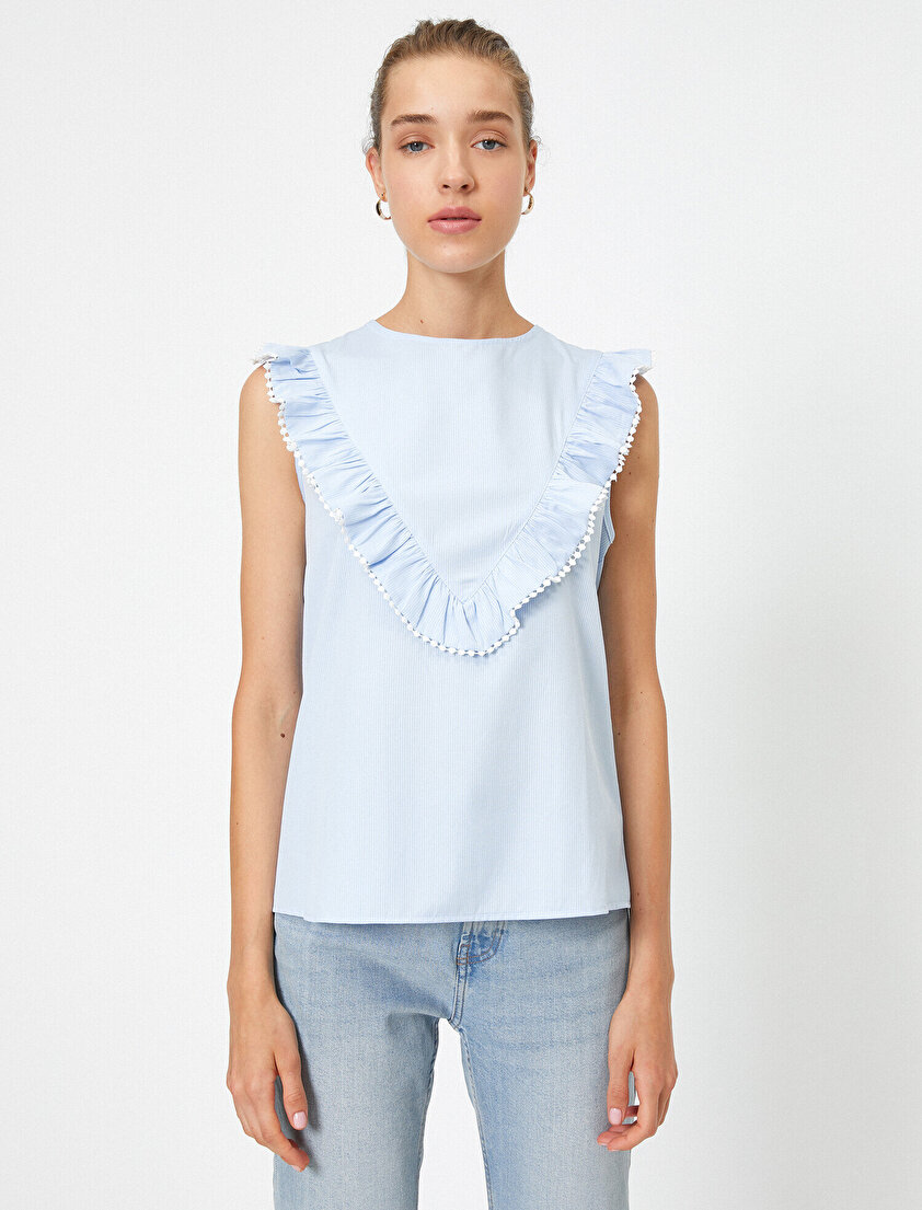 Bisiklet Yaka Çizgili Fırfırlı Kolsuz Bluz