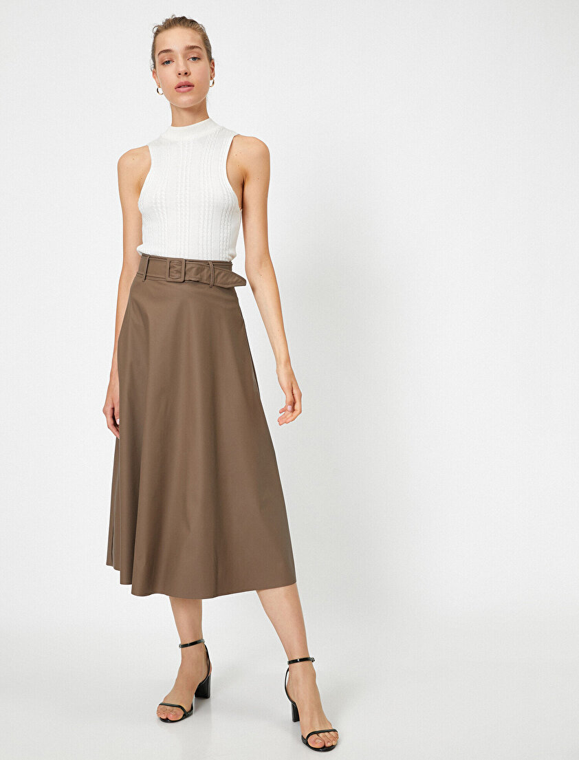 Kemerli Suni Deri Midi Etek