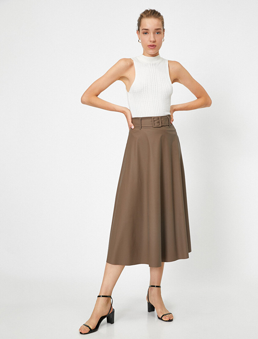 Kemerli Suni Deri Midi Etek