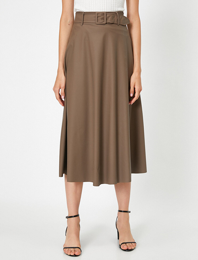 Kemerli Suni Deri Midi Etek