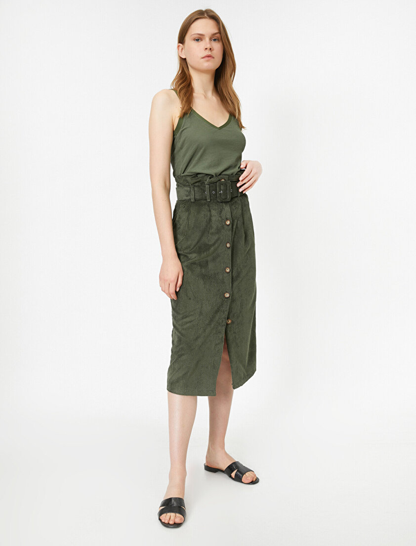 Kemer Detaylı Düğmeli Kadife Etek