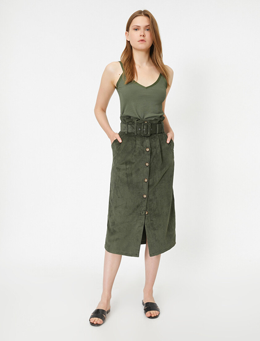 Kemer Detaylı Düğmeli Kadife Etek