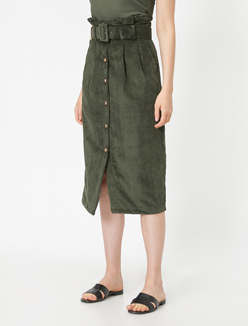 Kemer Detaylı Düğmeli Kadife Etek
