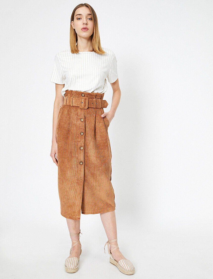 Yüksek Bel Kemer Detaylı Düğmeli Kadife Midi Etek