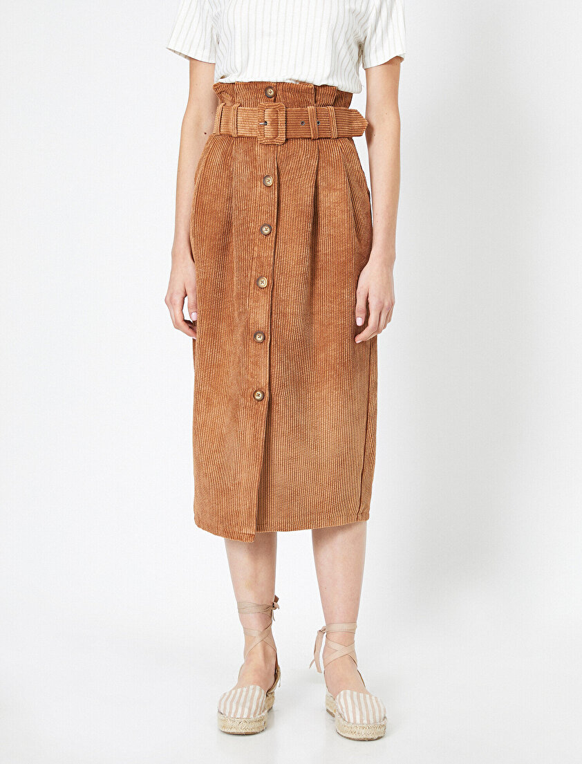 Yüksek Bel Kemer Detaylı Düğmeli Kadife Midi Etek