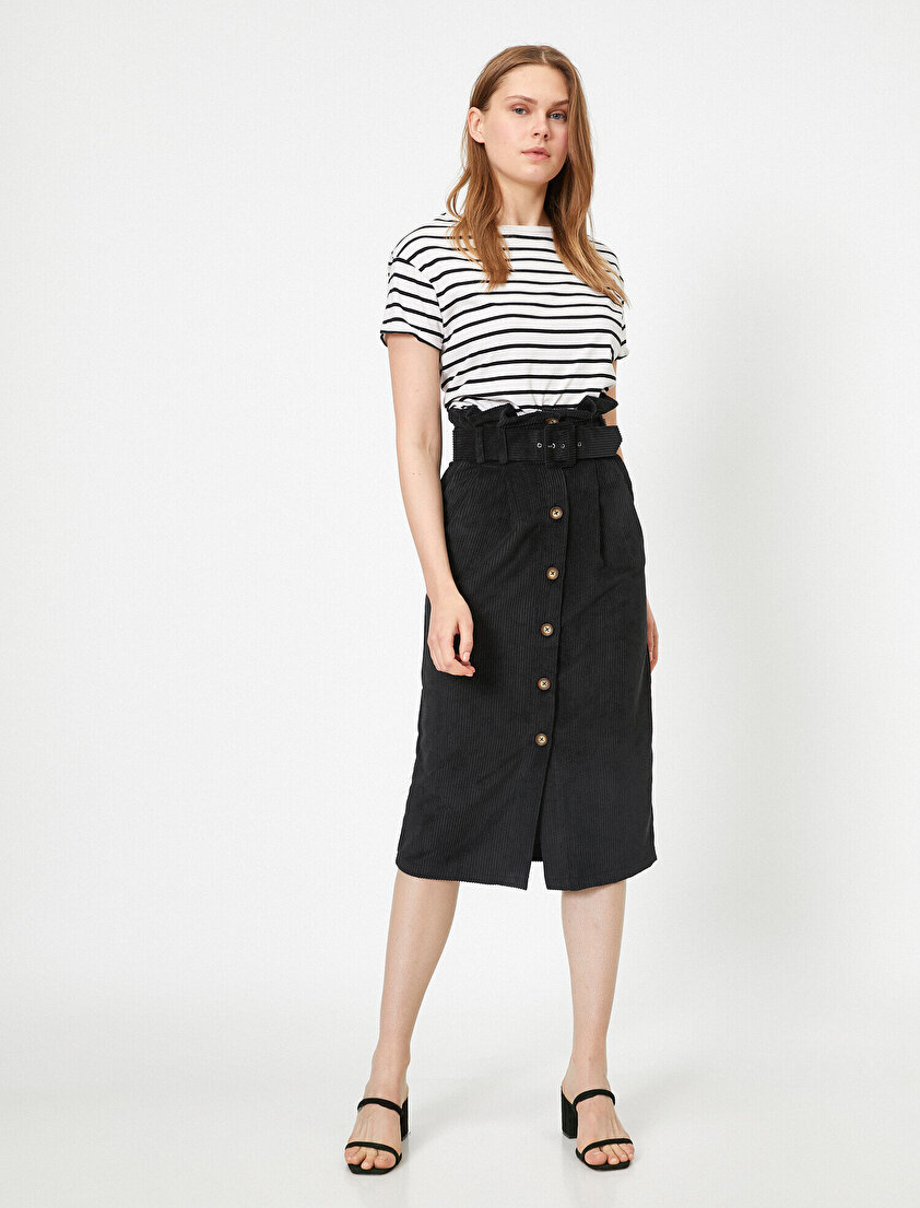 Yüksek Bel Kemer Detaylı Düğmeli Kadife Midi Etek