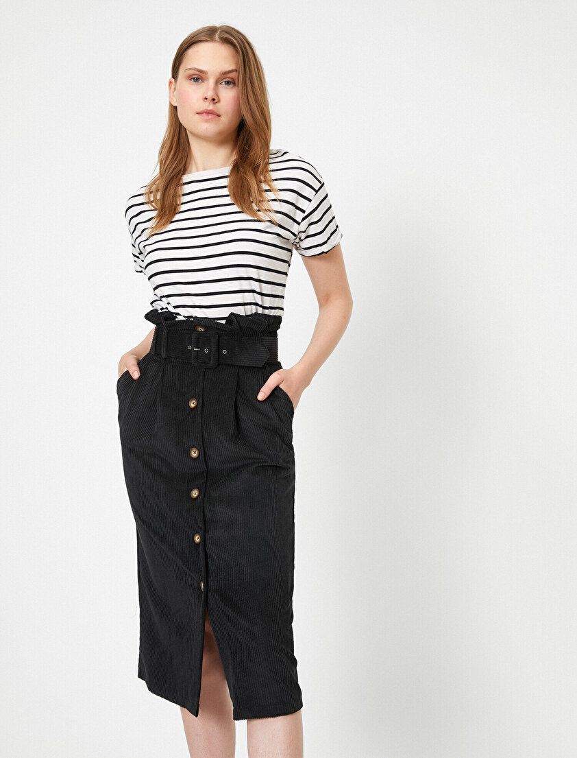 Yüksek Bel Kemer Detaylı Düğmeli Kadife Midi Etek