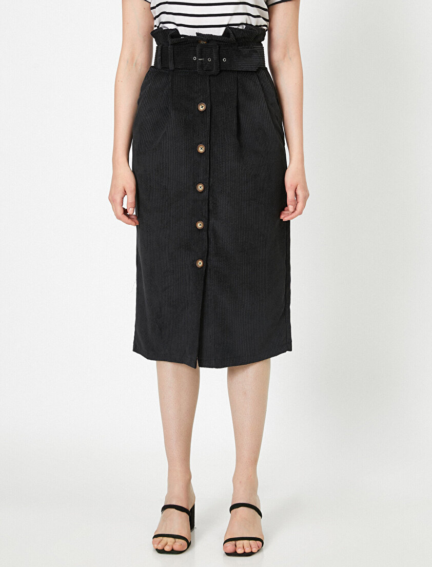 Yüksek Bel Kemer Detaylı Düğmeli Kadife Midi Etek
