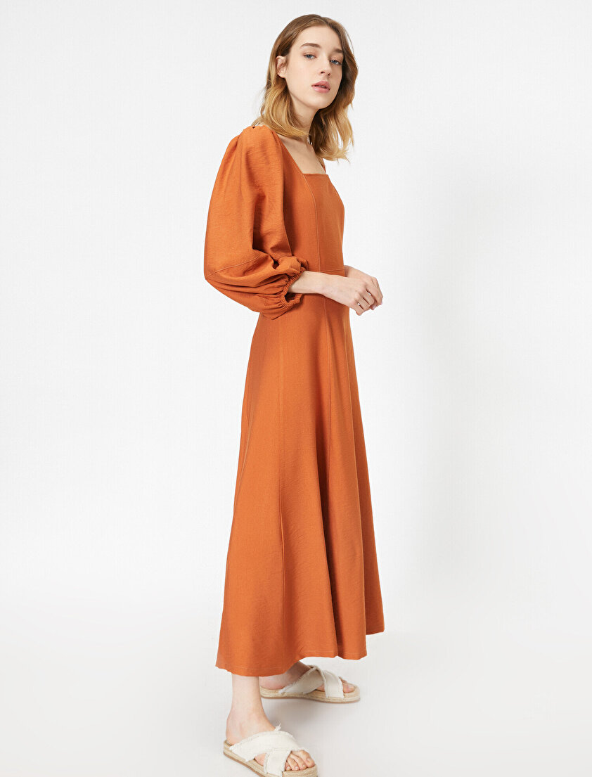 Kare Yaka Balon Kollu Uzun Elbise