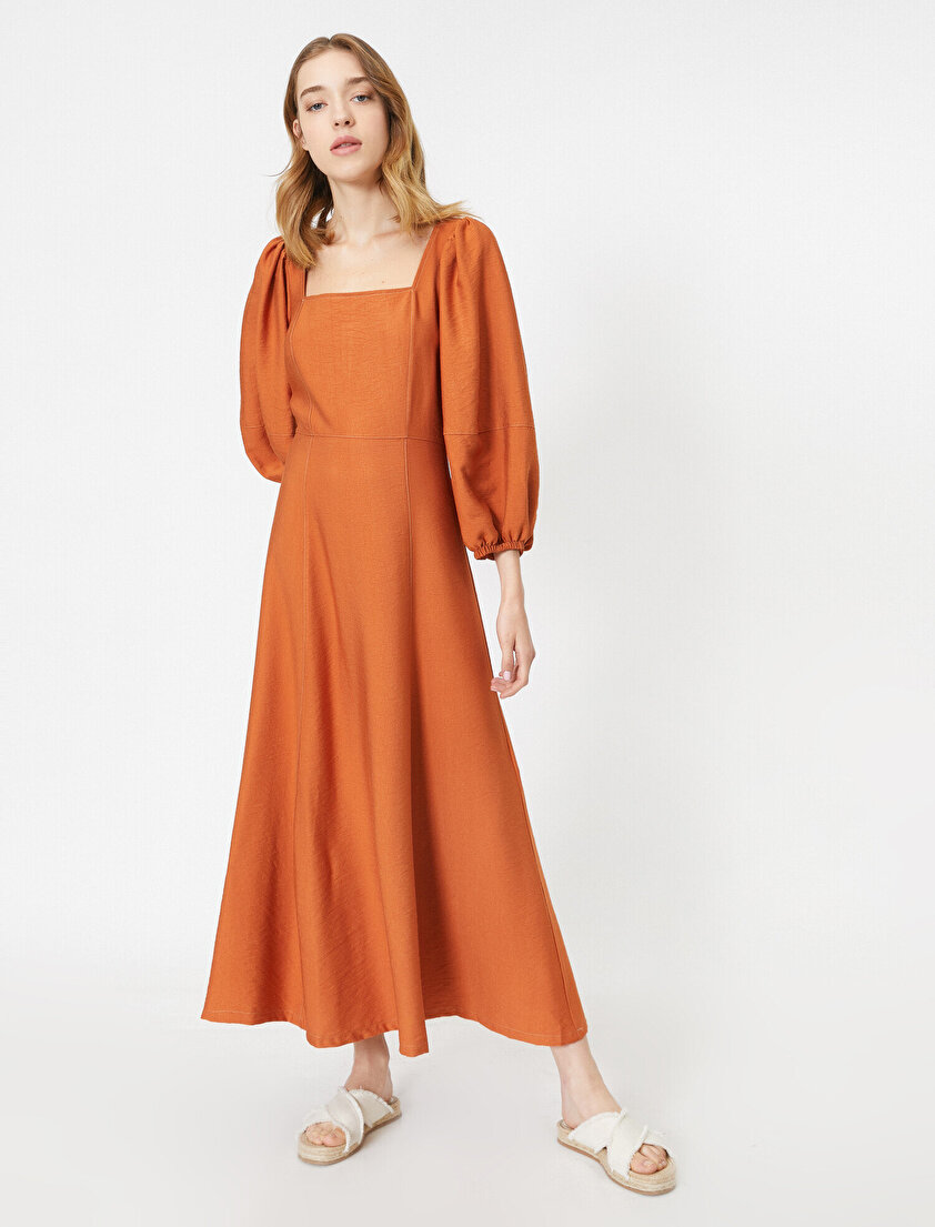 Kare Yaka Balon Kollu Uzun Elbise