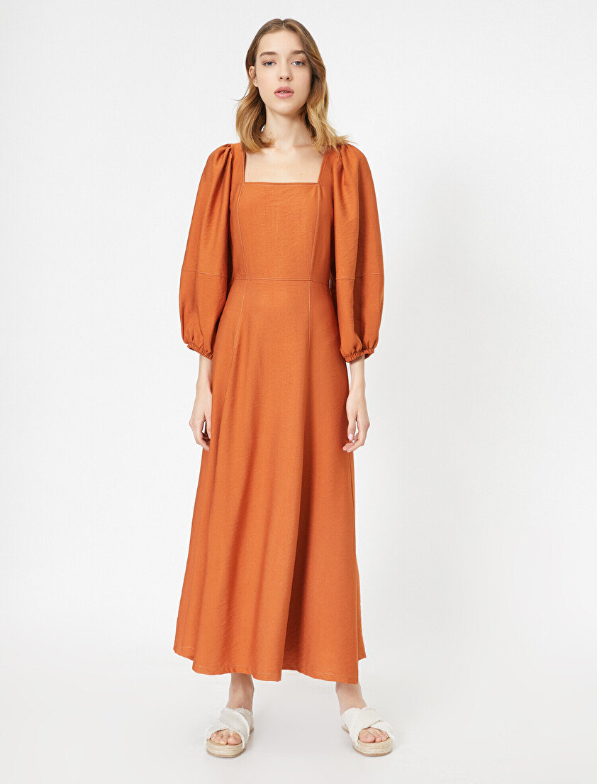 Kare Yaka Balon Kollu Uzun Elbise