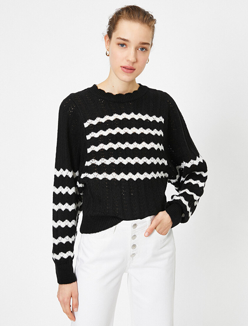 Bisiklet Yaka Uzun Kollu Çizgili Ajurlu Triko Kazak 