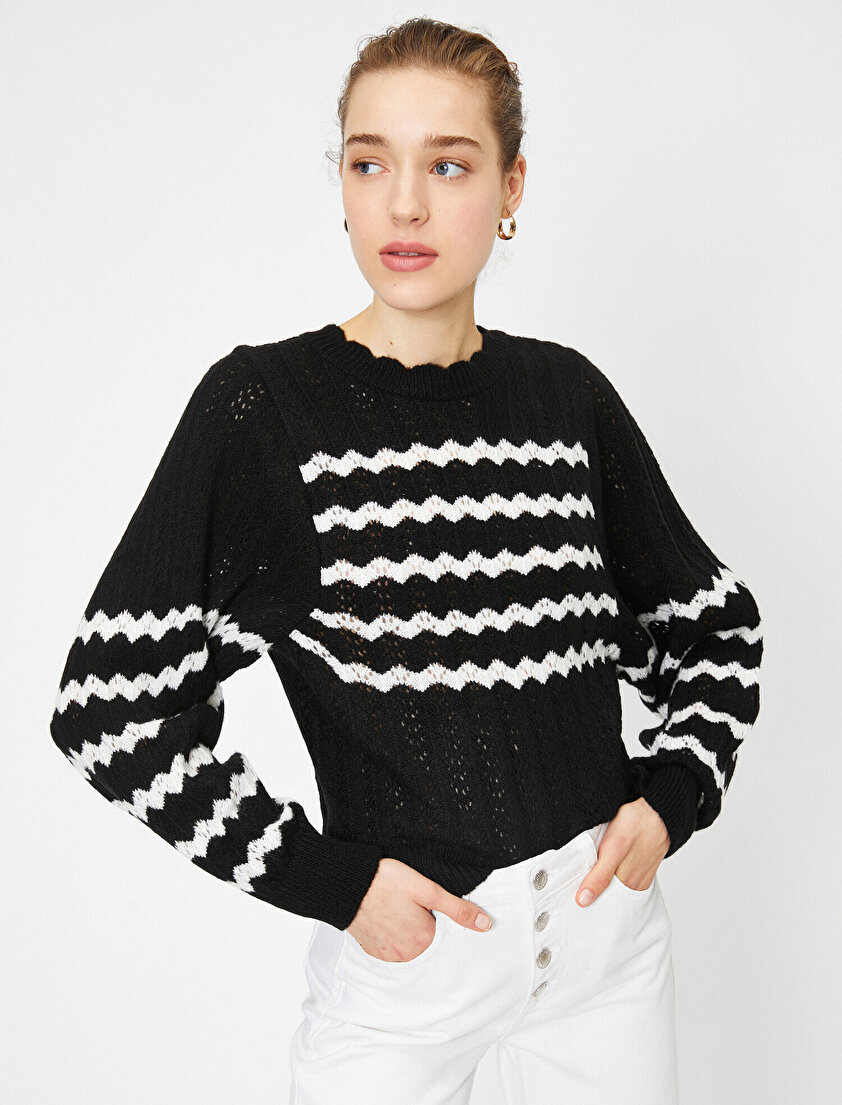 Bisiklet Yaka Uzun Kollu Çizgili Ajurlu Triko Kazak 