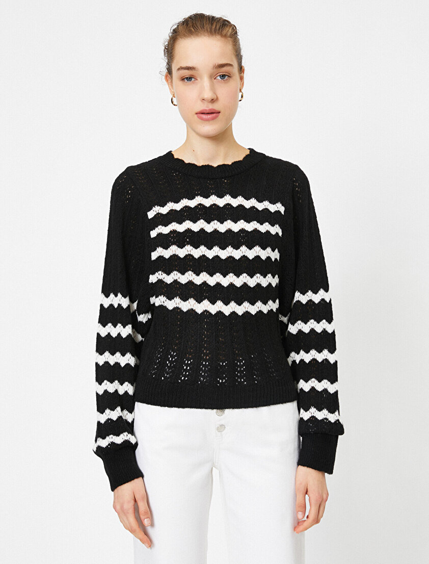 Bisiklet Yaka Uzun Kollu Çizgili Ajurlu Triko Kazak 