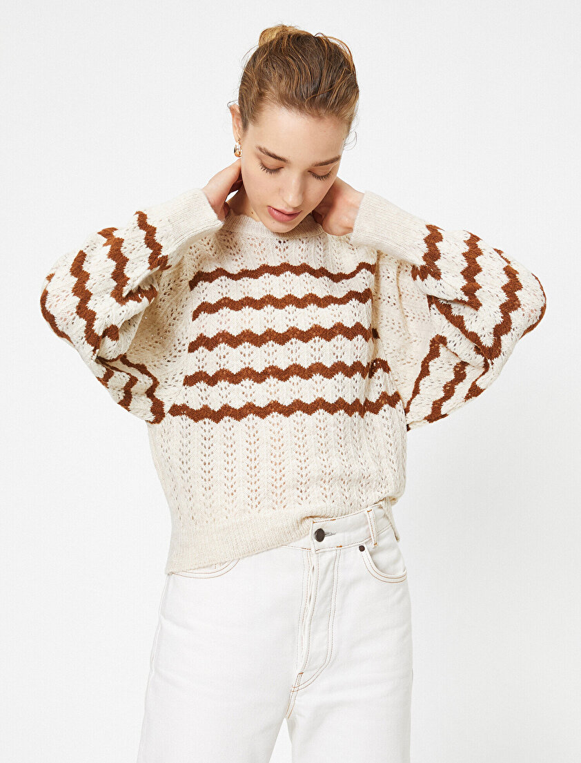 Bisiklet Yaka Uzun Kollu Çizgili Ajurlu Triko Kazak 