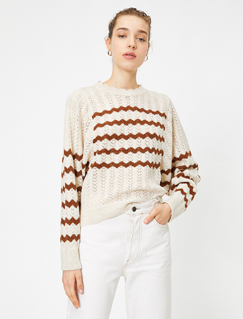 Bisiklet Yaka Uzun Kollu Çizgili Ajurlu Triko Kazak 