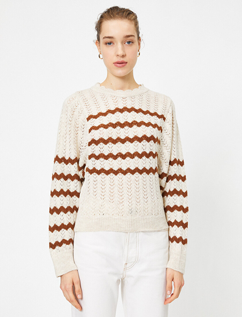 Bisiklet Yaka Uzun Kollu Çizgili Ajurlu Triko Kazak 