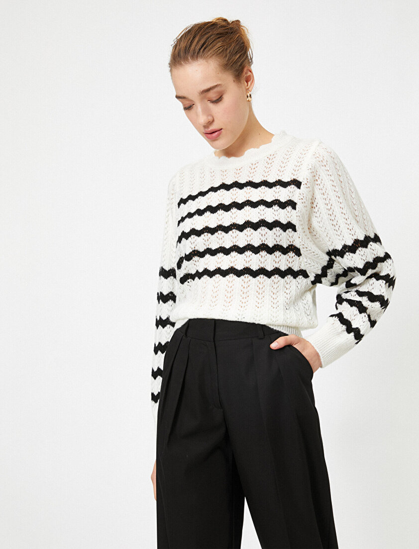 Bisiklet Yaka Uzun Kollu Çizgili Ajurlu Triko Kazak 