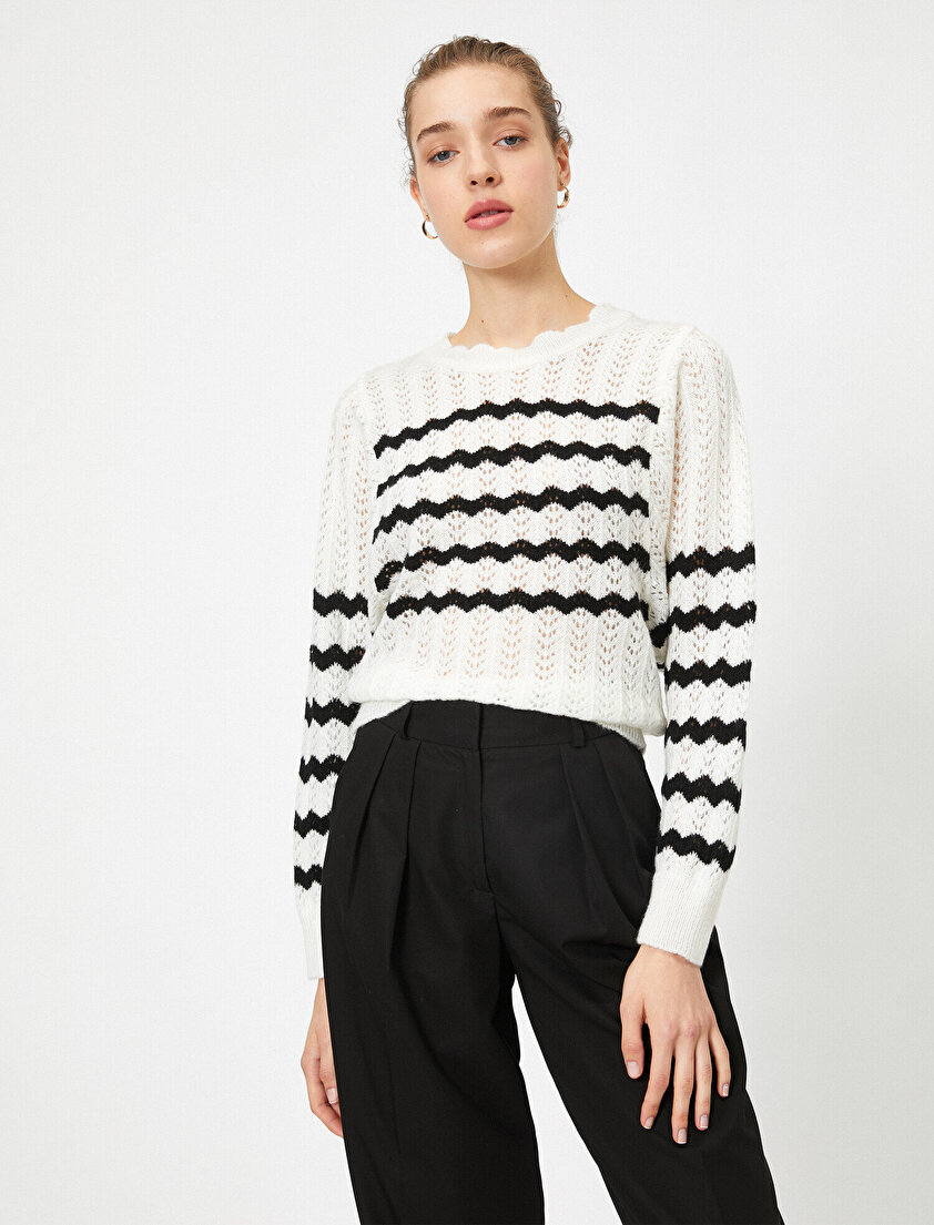 Bisiklet Yaka Uzun Kollu Çizgili Ajurlu Triko Kazak 