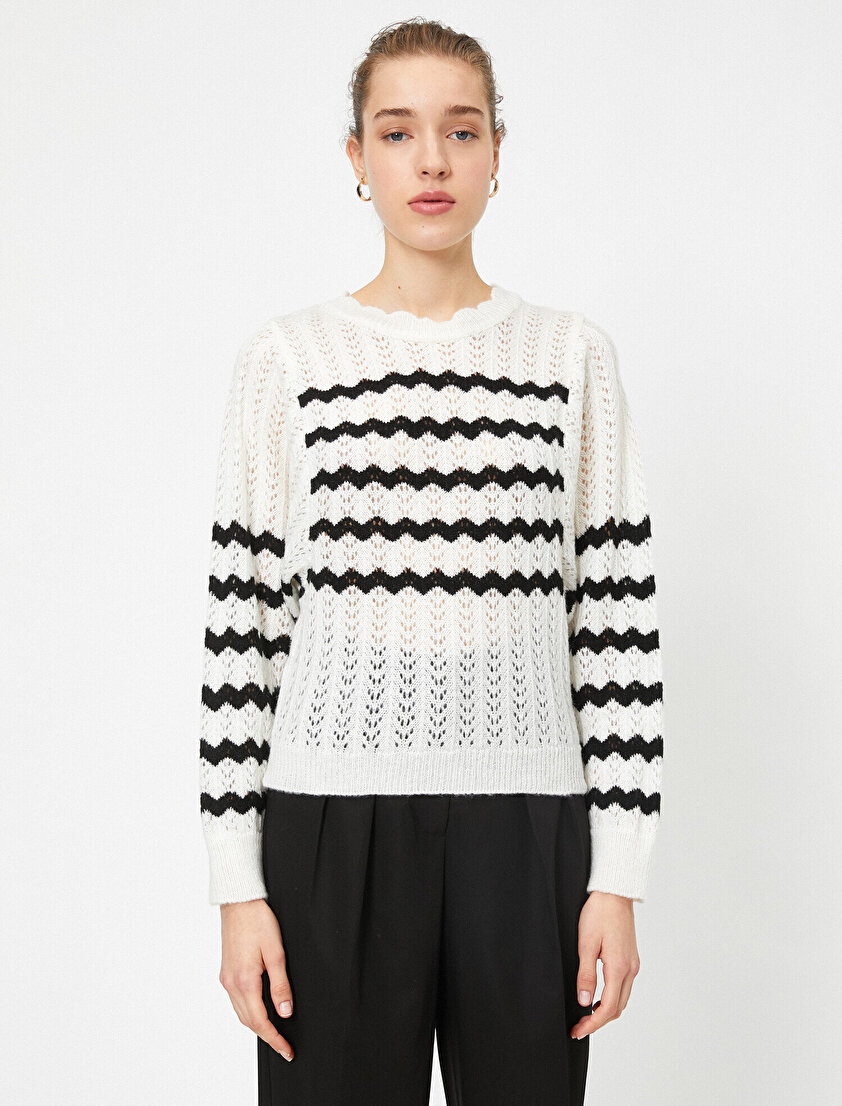 Bisiklet Yaka Uzun Kollu Çizgili Ajurlu Triko Kazak 