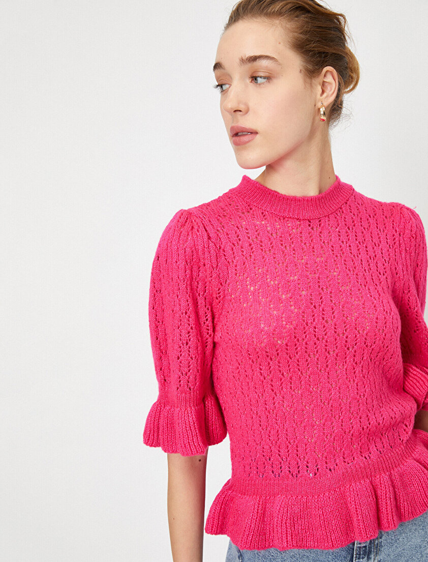 Bisiklet Yaka Ajurlu Volanlı Triko Kazak 