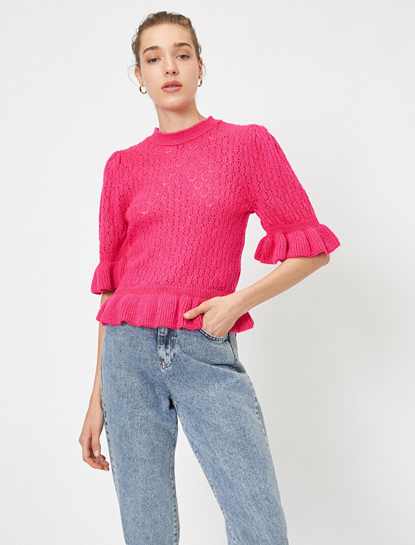 Bisiklet Yaka Ajurlu Volanlı Triko Kazak 