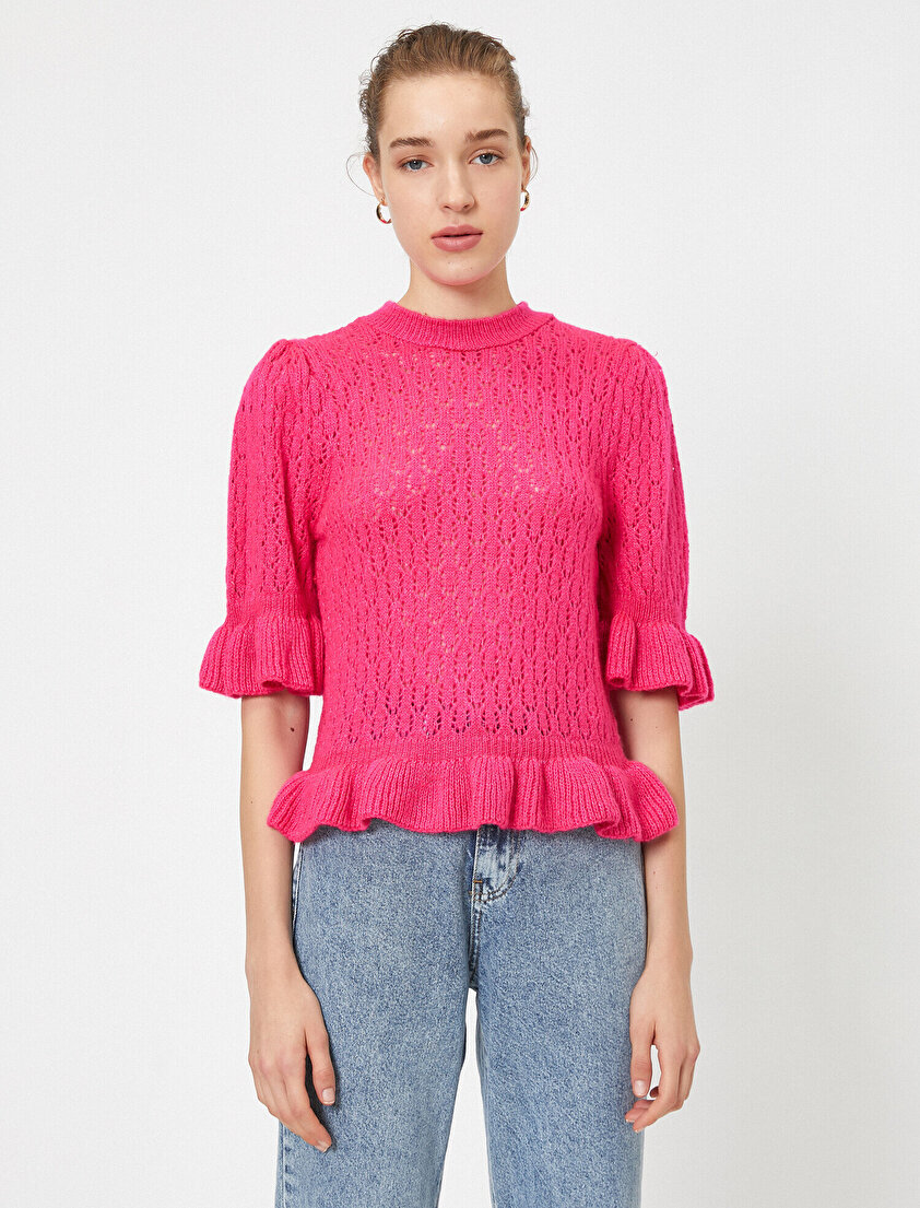 Bisiklet Yaka Ajurlu Volanlı Triko Kazak 