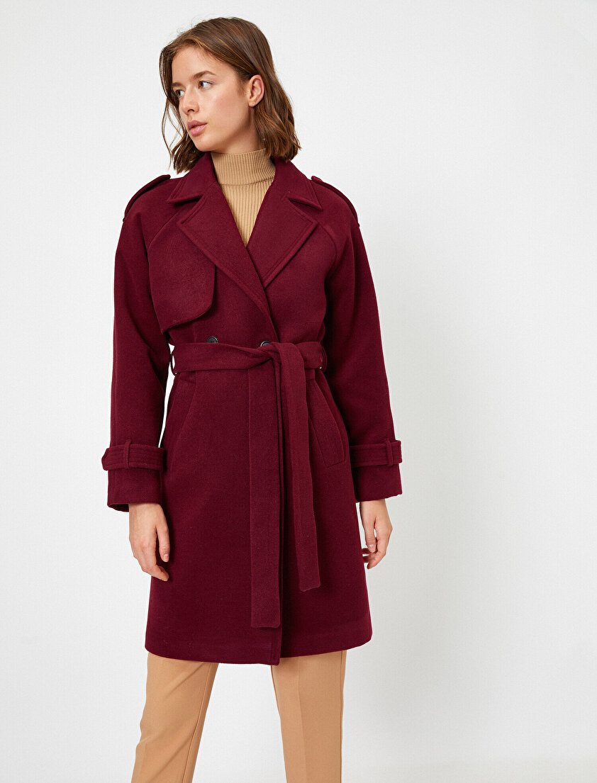 Devrik Yaka Cepli Beli Bağlamalı Kaşe Kaban