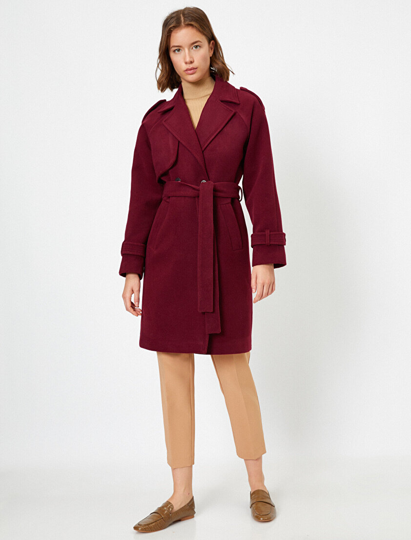 Devrik Yaka Cepli Beli Bağlamalı Kaşe Kaban