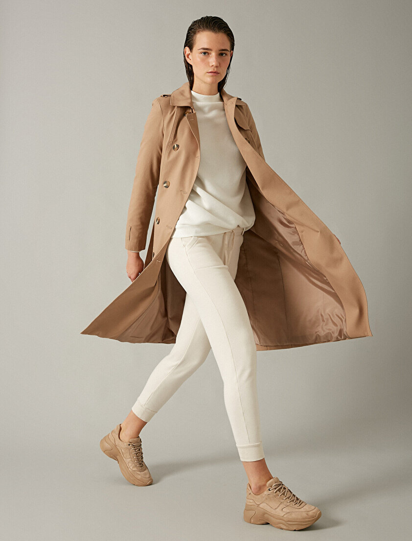  %100 Pamuk Düğmeli Trençkot