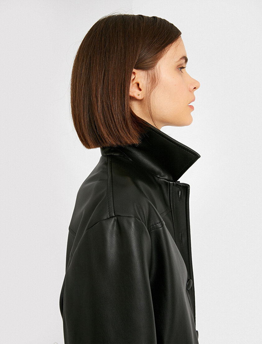 Kemerli Cepli Suni Deri Blazer Ceket